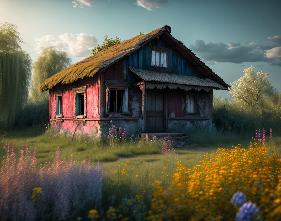 Weathered wooden cottage with thatched roof in serene meadow