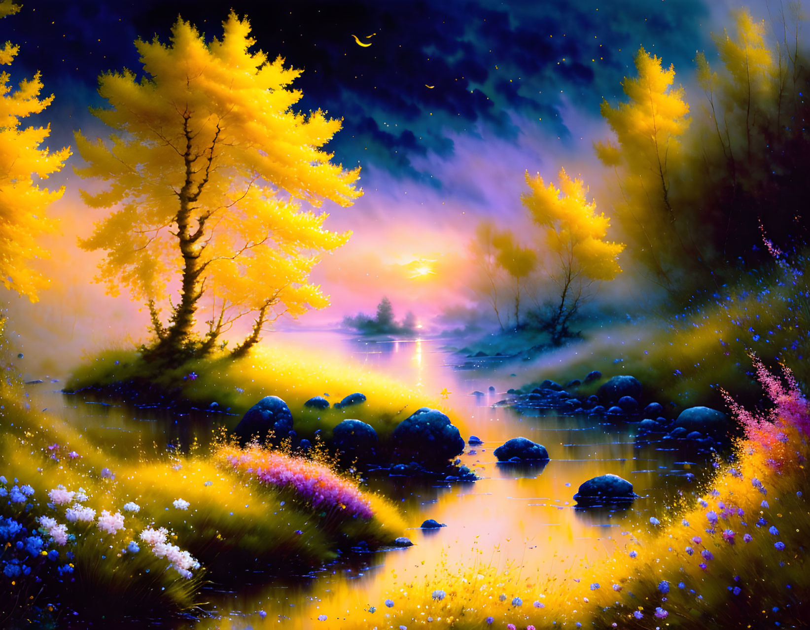 Glowing yellow trees and starry sky in fantasy dusk landscape