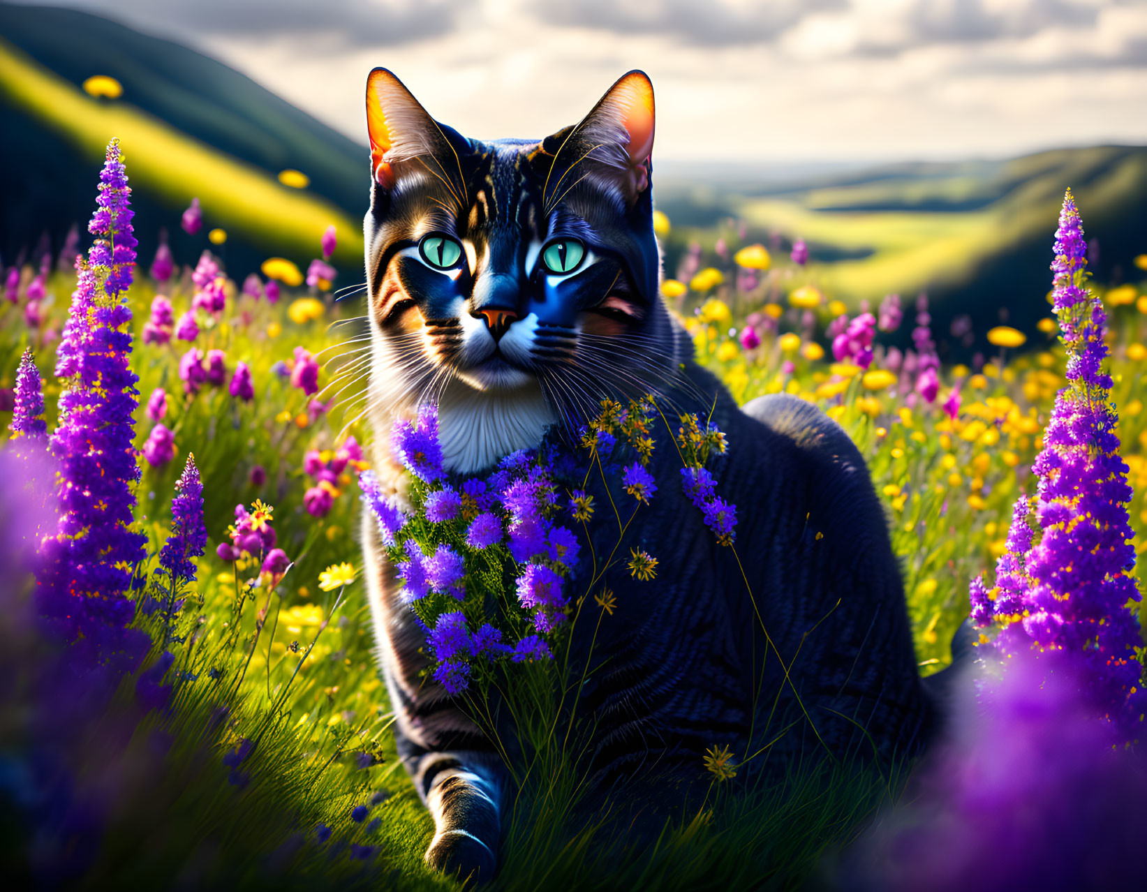 Tabby Cat with Blue Eyes in Wildflower Field and Green Hills