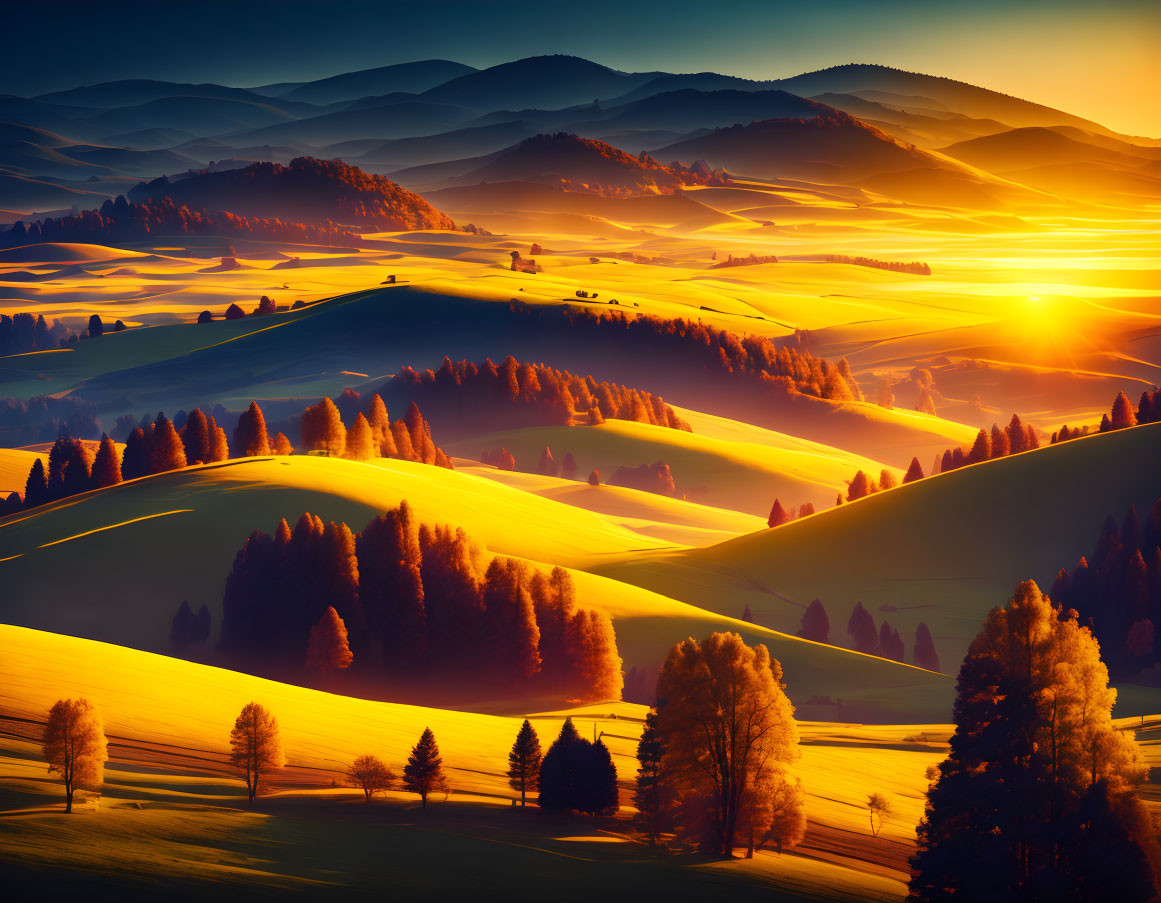 Scenic sunrise over rolling hills with shadows and light on vibrant green fields and autumnal trees