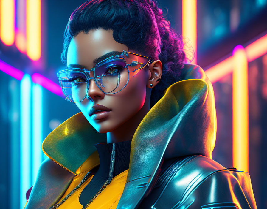 Futuristic neon cityscape: Woman with glasses in yellow & black jacket