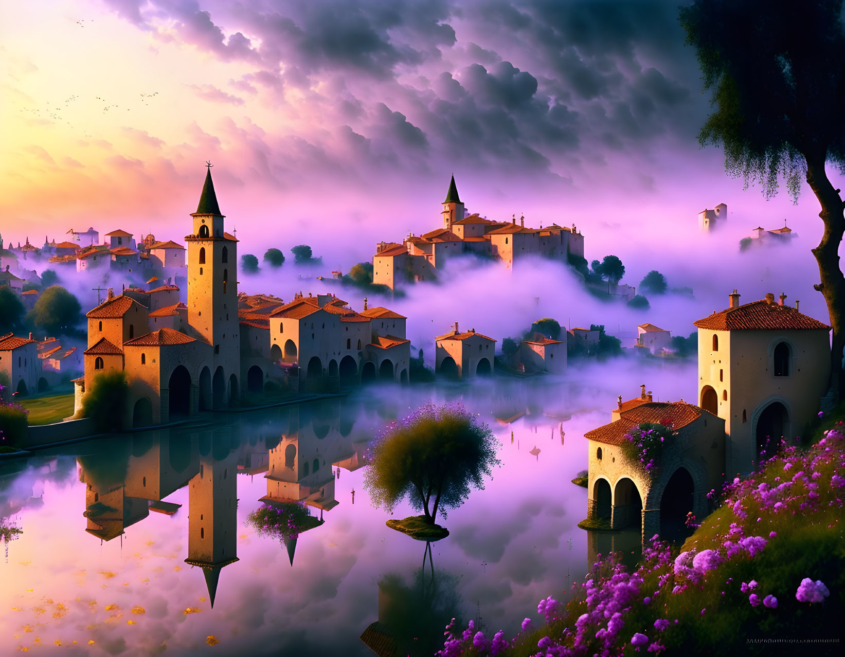 Tranquil Purple Landscape with Village Reflections at Twilight