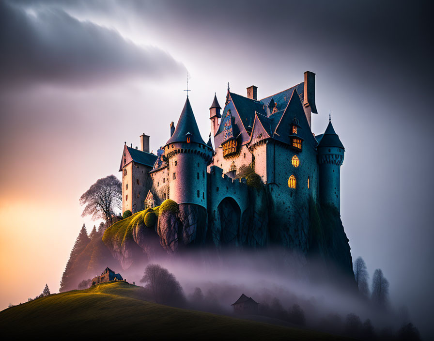 Majestic castle on misty hill with sunset backdrop and spires