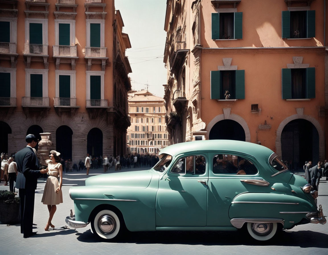 Vintage Teal Car Parked on Sunlit Cobblestone Street with People Talking