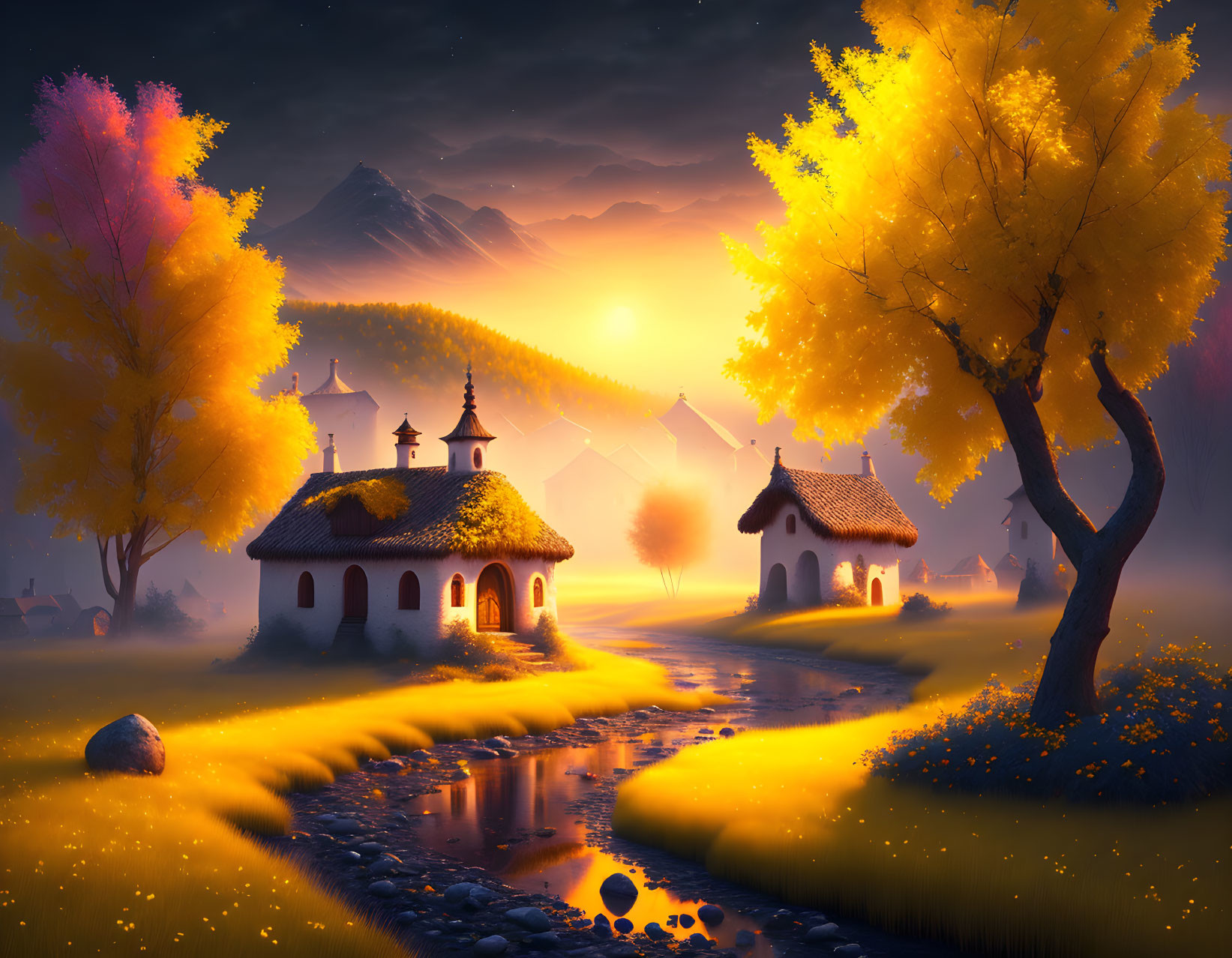 Tranquil autumn sunset landscape with golden trees, river, cottages, and mountains