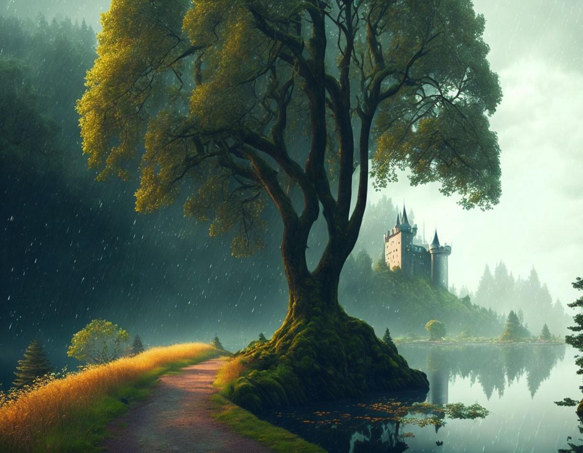 Majestic tree by path to fairy-tale castle in serene landscape