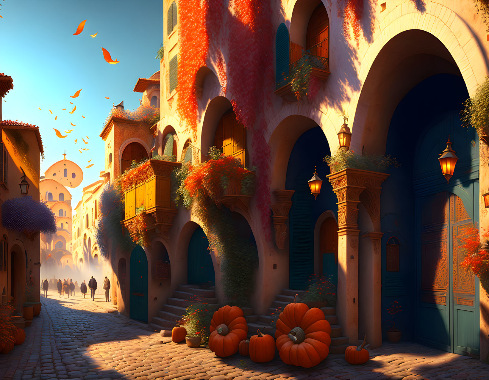 Autumn town scene with cobblestone streets, arched doorways, warm lighting, ivy