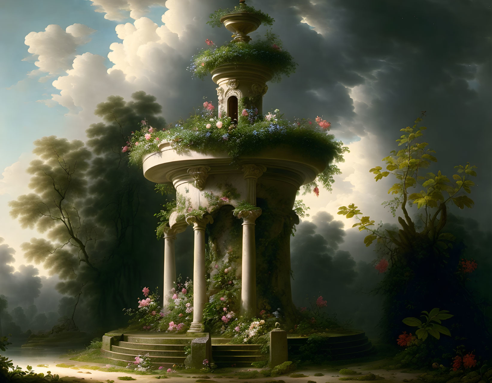 Classical stone fountain in mystical forest with dramatic skies