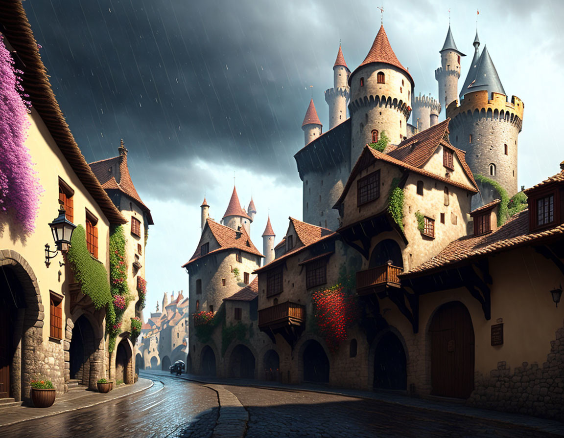 Medieval town cobblestone street, fortress with towers, rainy sky, colorful flowers.