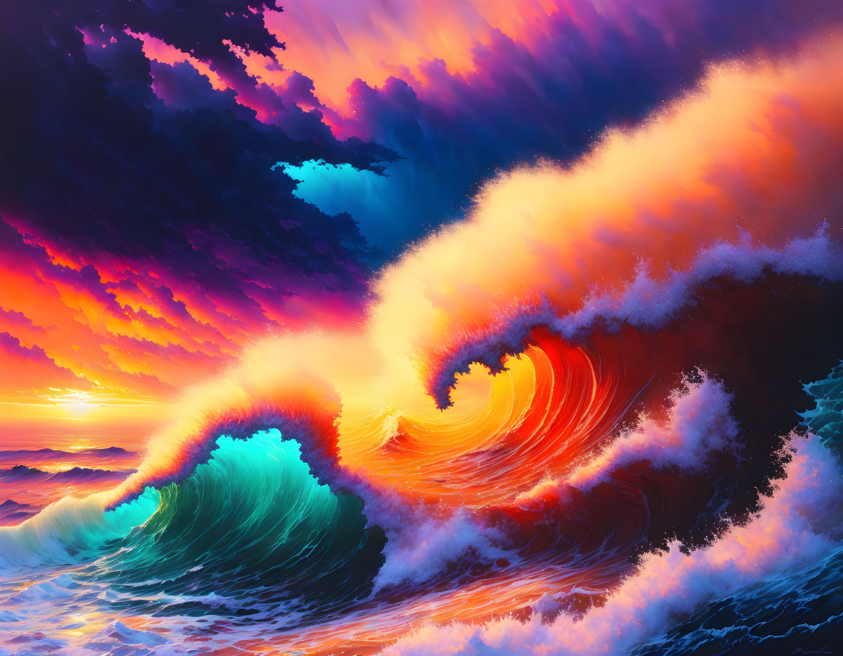 Colorful digital artwork: Majestic ocean wave against sunset sky