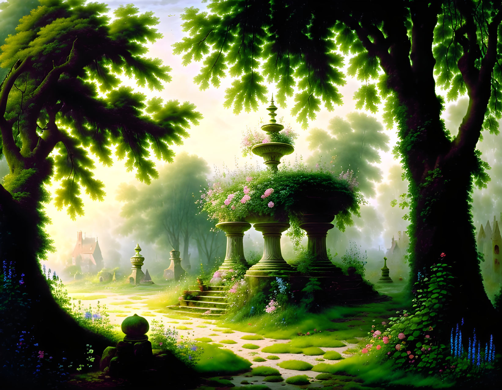 Lush fantasy garden with trees, stone path, fountains, and glowing light