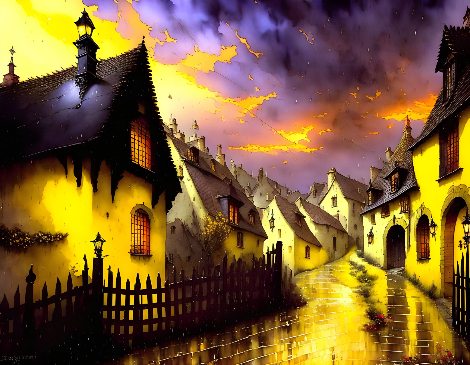 Charming village at sunset with glowing windows and cobblestone paths