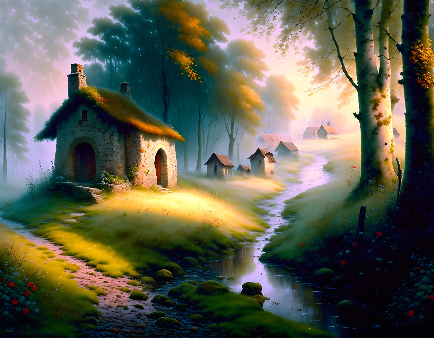 Autumnal stone cottage by stream in misty forest landscape