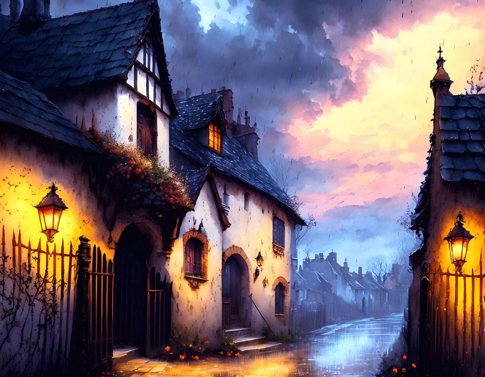 Historic cobblestone street with old houses under dramatic sky