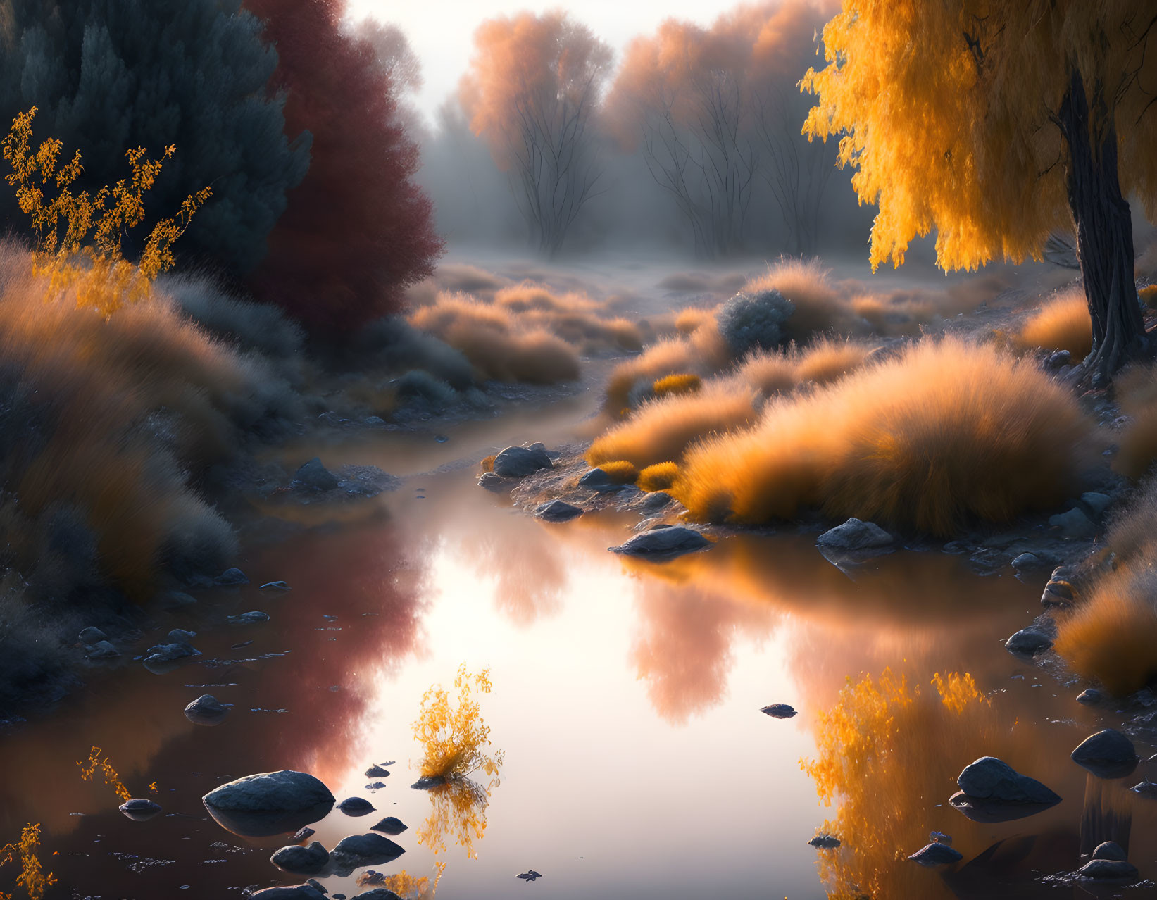 Tranquil autumn landscape with misty river and golden foliage