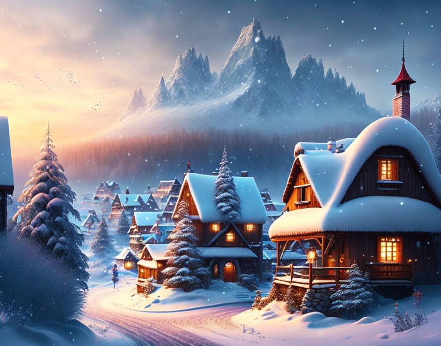 Snowy village at dusk: cozy houses, snow-covered trees, mountain backdrop, orange-tinted