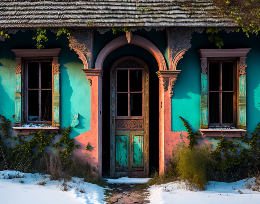 Vintage house with turquoise walls, red doors, wooden details, windows, snow-dusted roof.