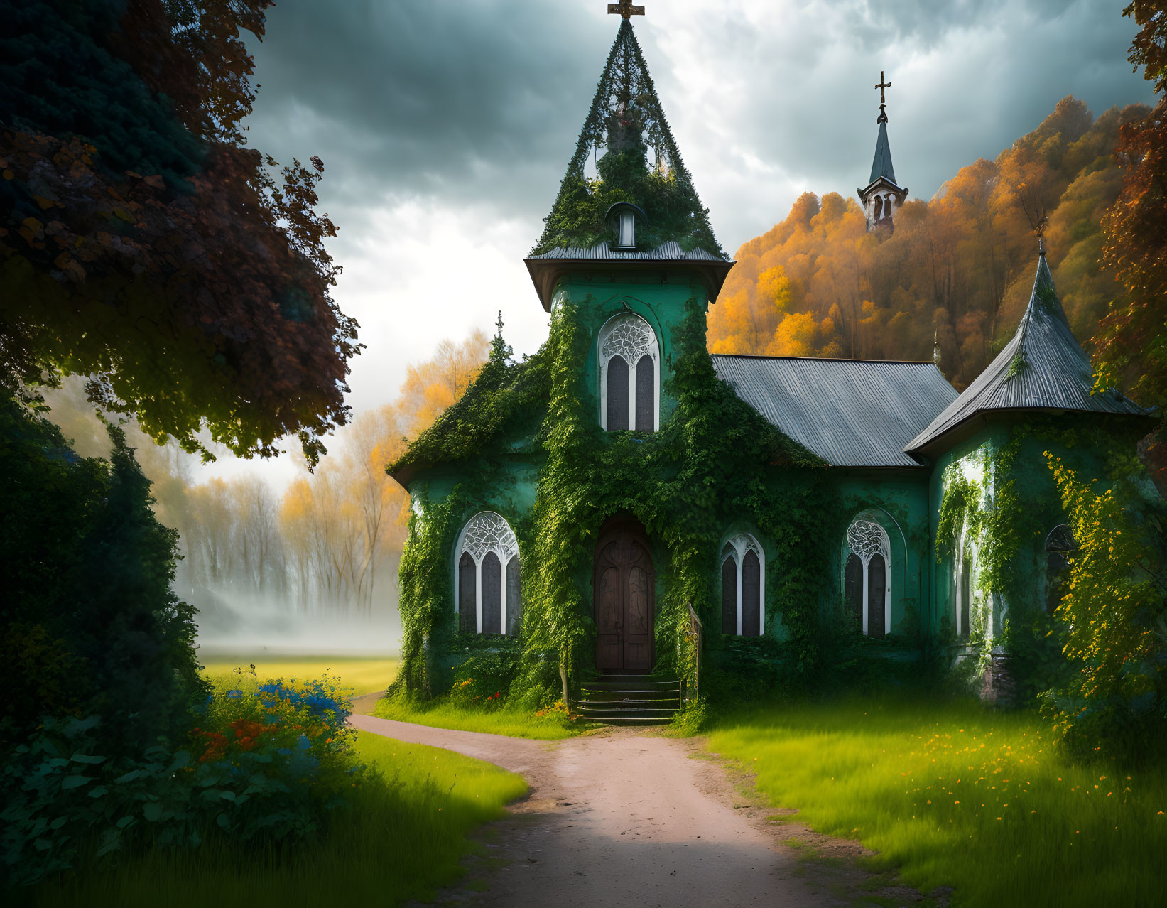 Autumnal church scene with misty atmosphere and ivy-covered walls