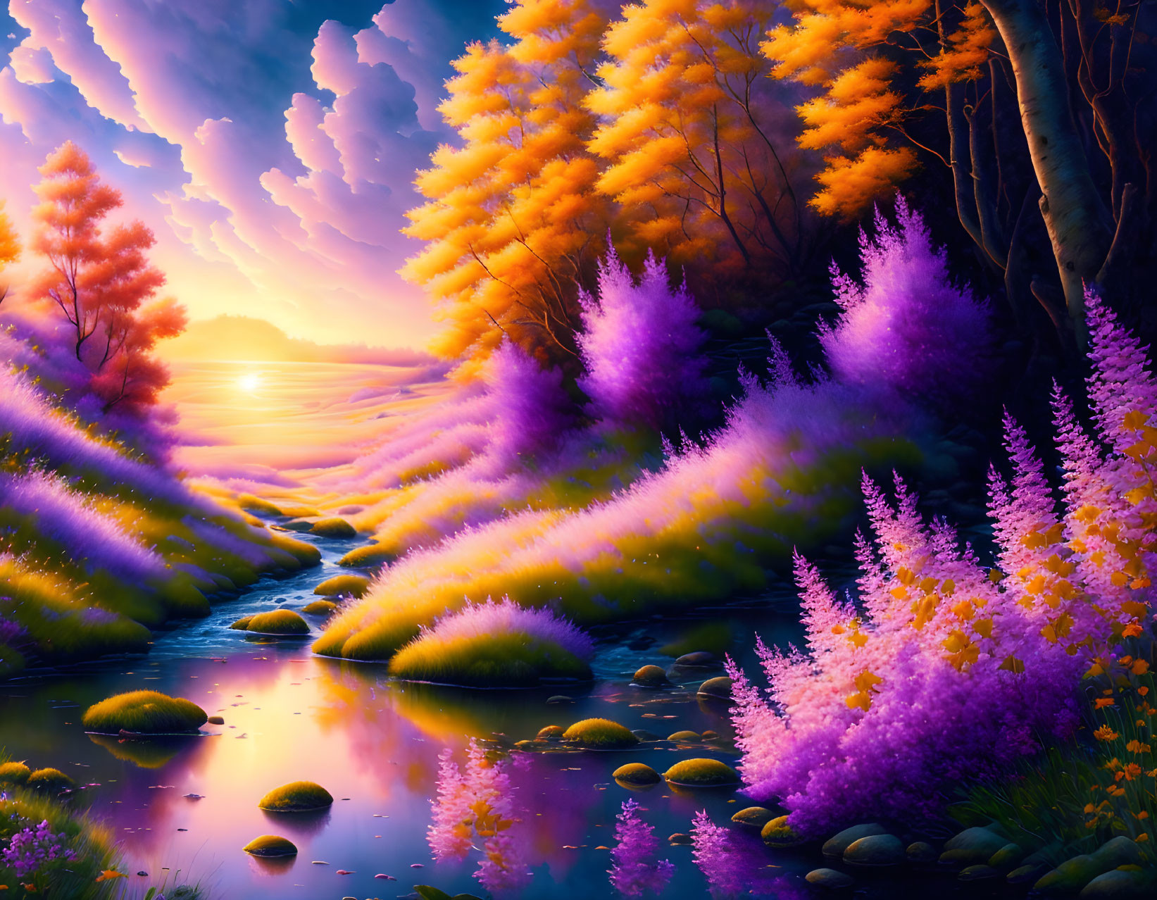 Colorful digital artwork: Magical forest with stream, glowing plants, colorful trees under sunset sky.