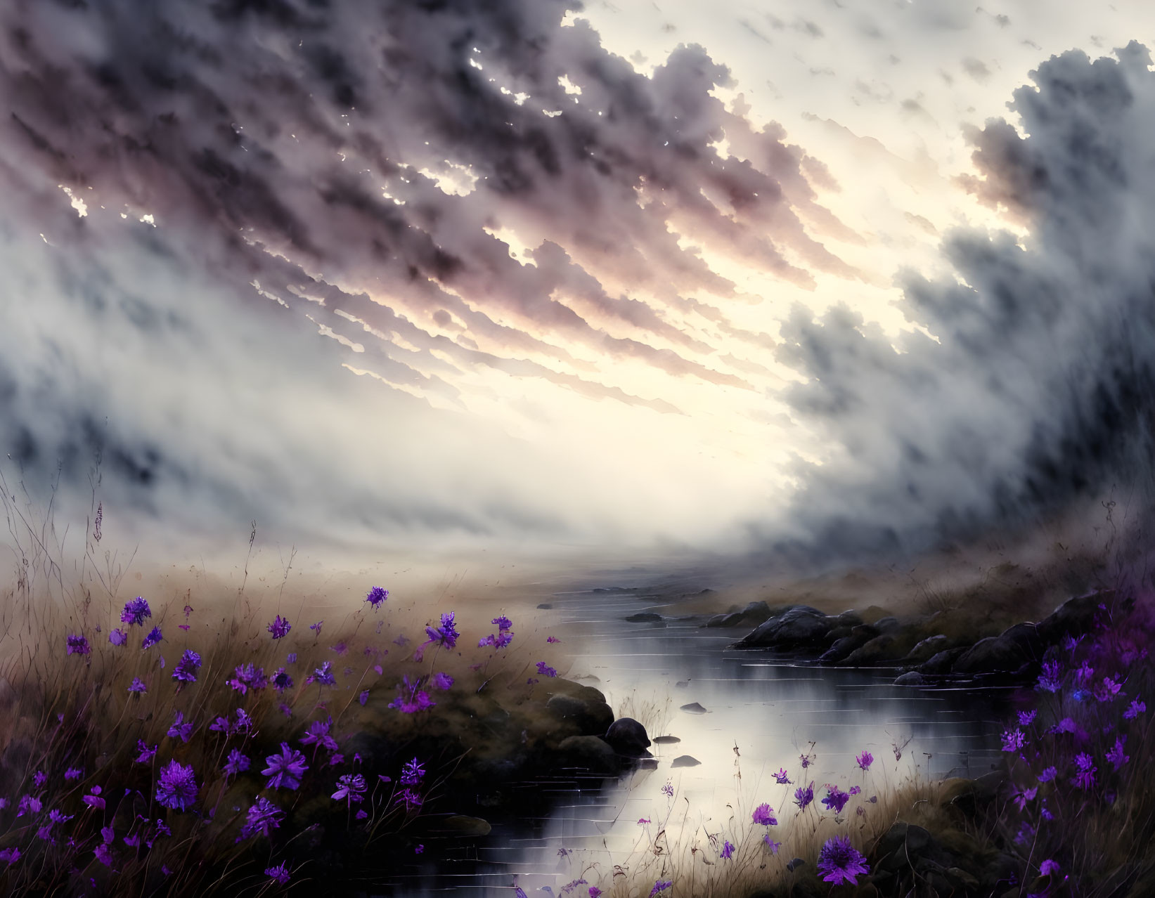 Misty river with purple wildflowers and foggy hills