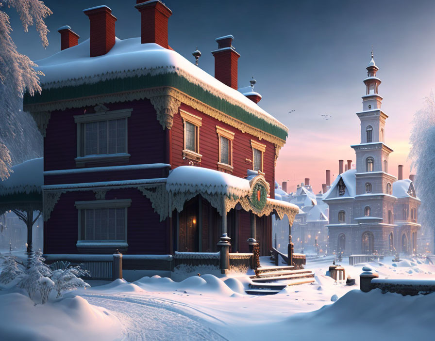 Snow-covered town at twilight with Christmas decorations and clock tower.