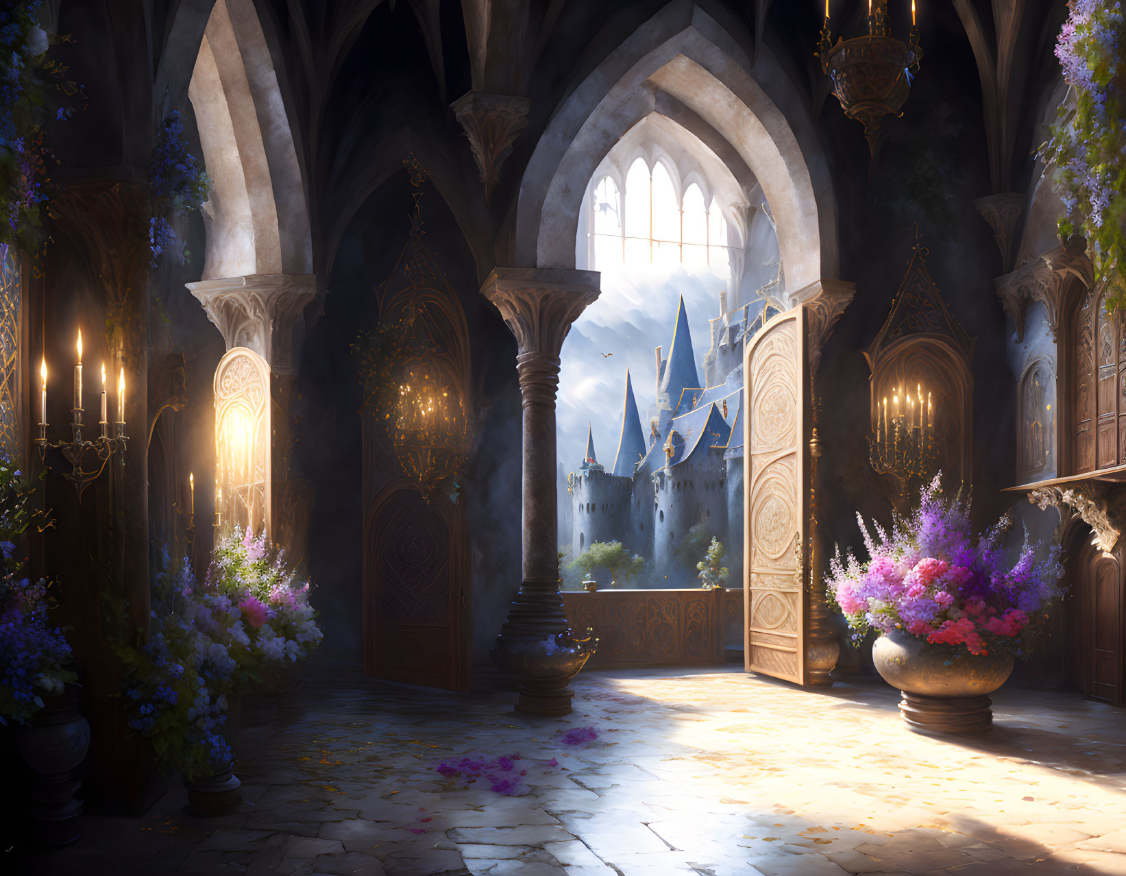 Sunlit fantasy castle interior with Gothic arches, colorful flowers, hanging lamps, and distant castle view