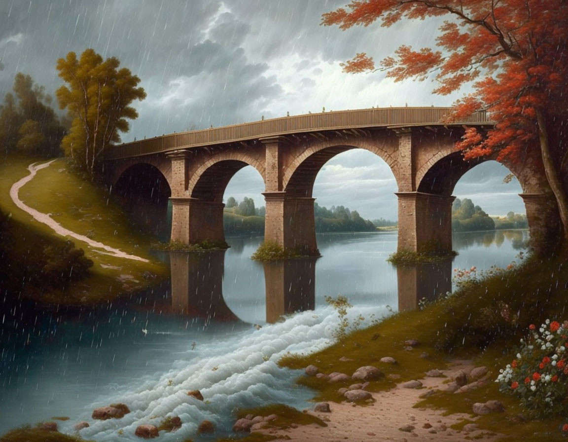 Tranquil autumn scene: stone bridge over calm river, lush trees, cloudy sky with rain