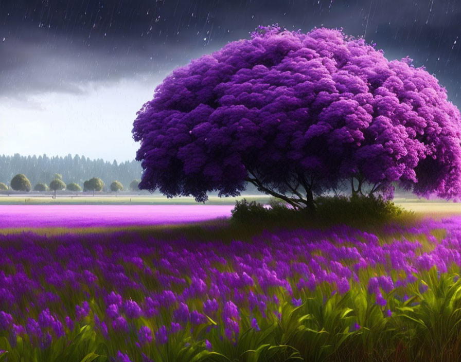 Purple Tree and Lavender Field in Rainy Sky