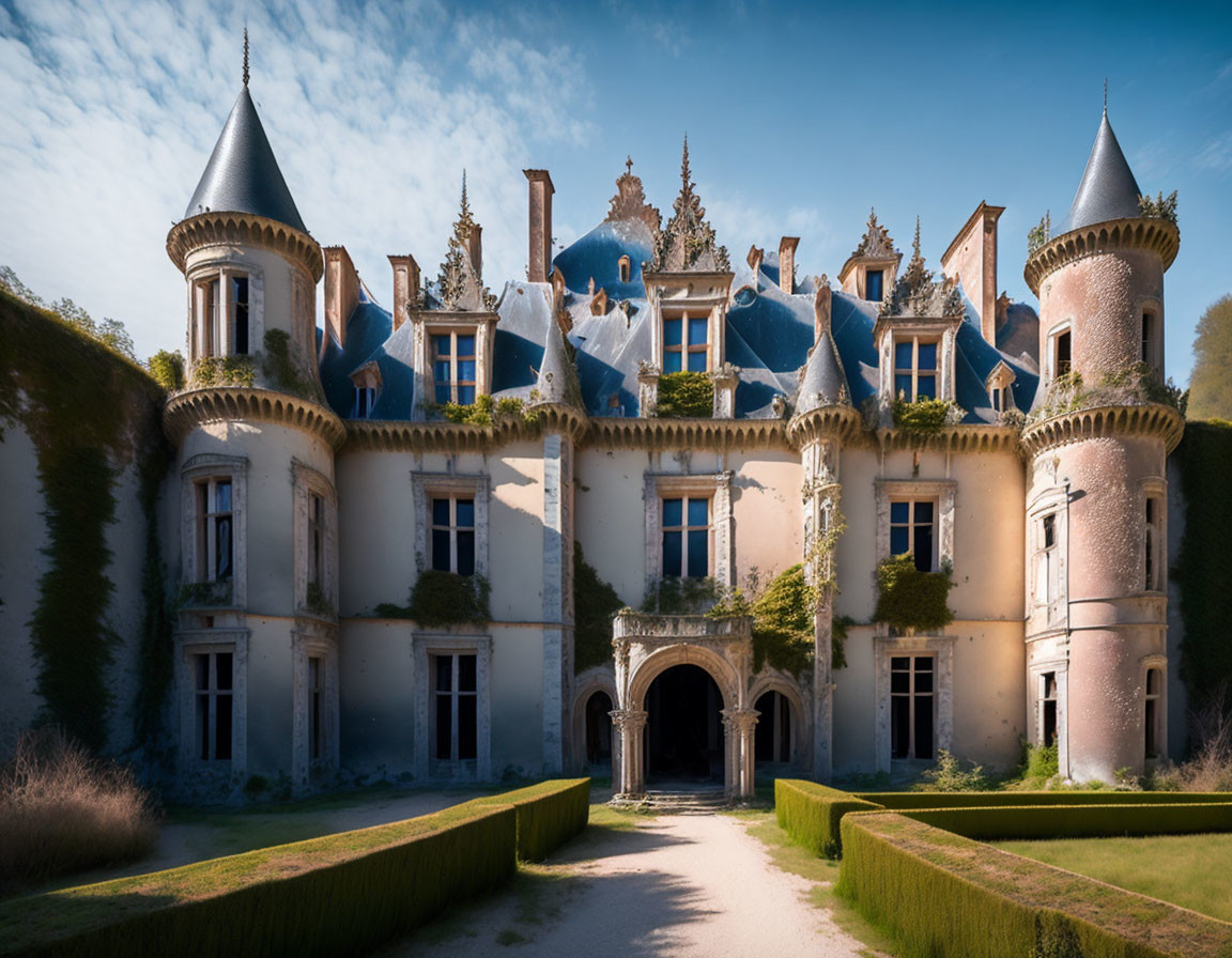 Majestic castle with blue rooftops and spires amid manicured hedges