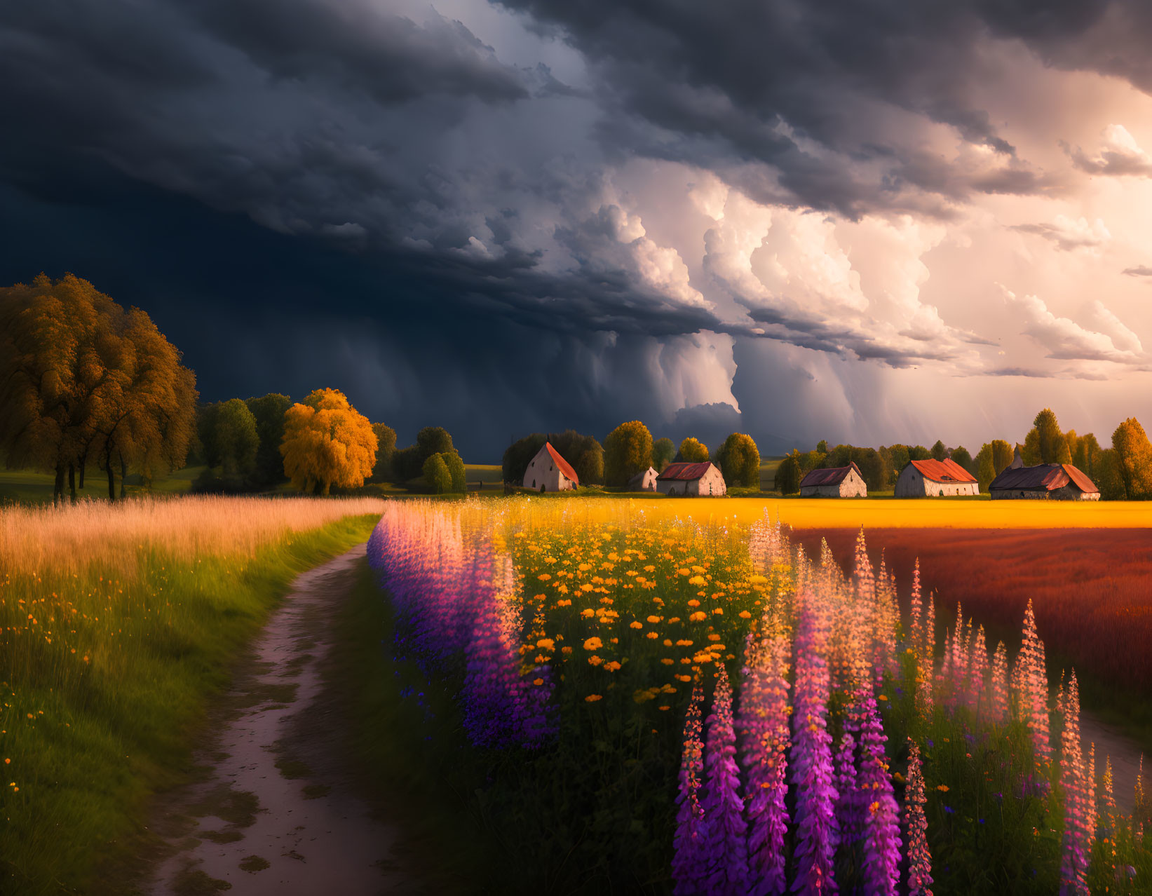 Vibrant flower field under stormy sky with path to quaint houses