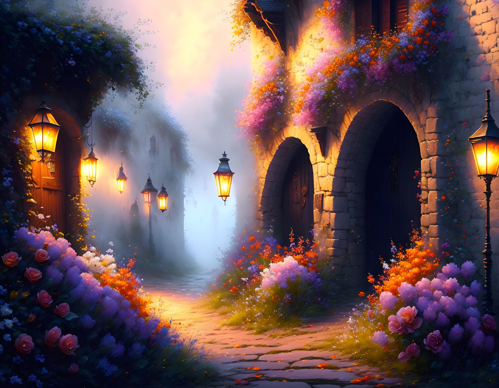 Colorful Flowers and Lanterns in Fantasy Cobblestone Alley