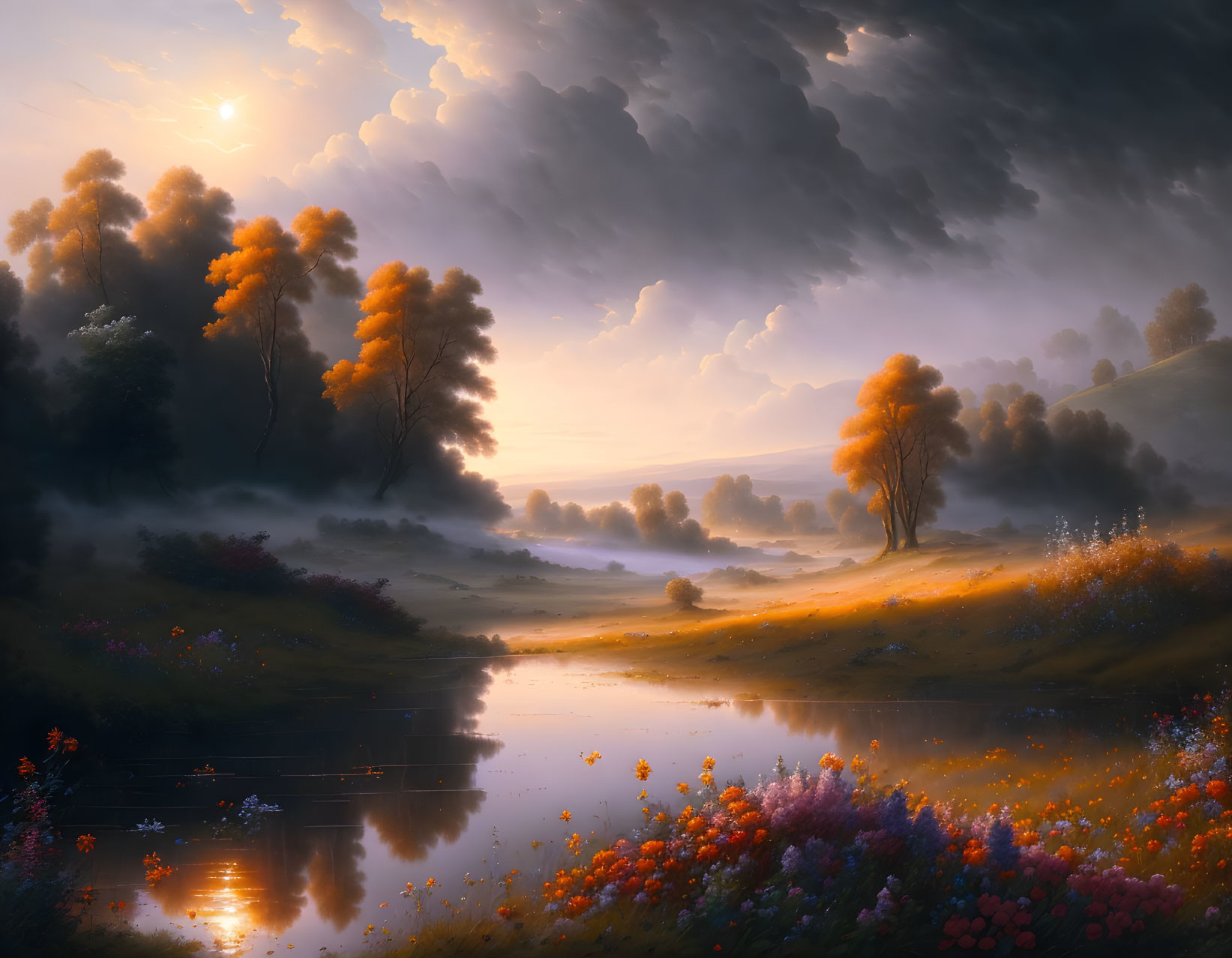 Tranquil sunrise landscape: misty river, blooming meadows, autumn trees