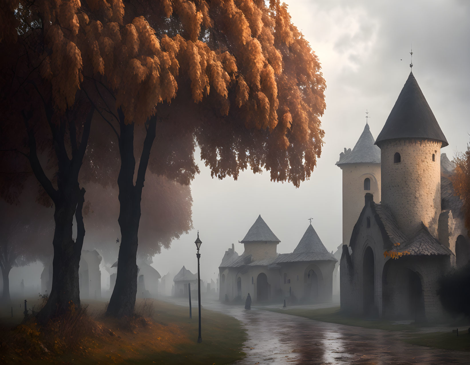 Ethereal autumn landscape with misty path and old castle