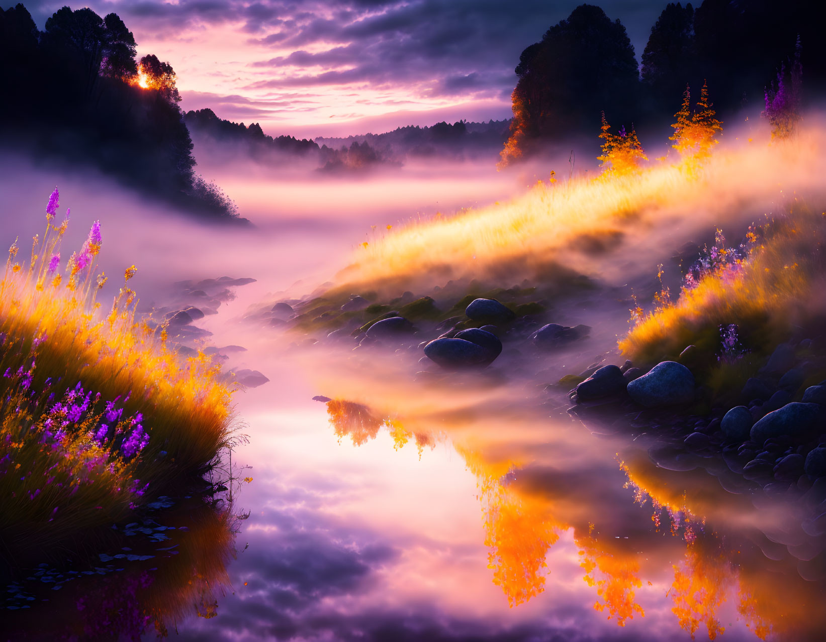 Misty river sunrise with vibrant purple and orange foliage