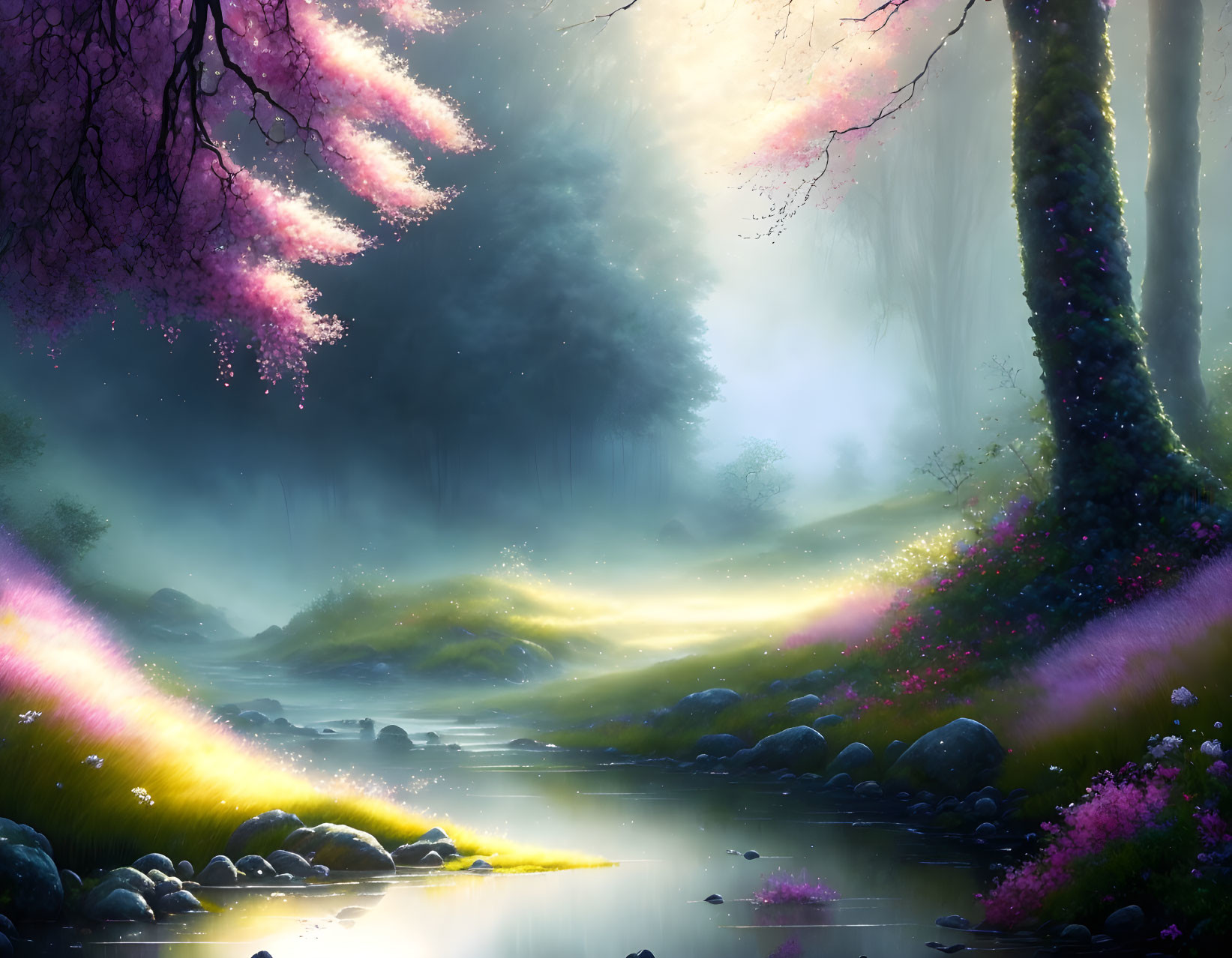 Pink Blossoming Trees in Serene Fantasy Landscape