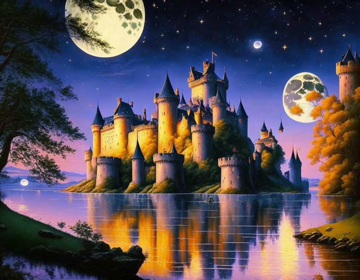 Castle with multiple towers on island at night, reflected in calm lake under two moons and stars