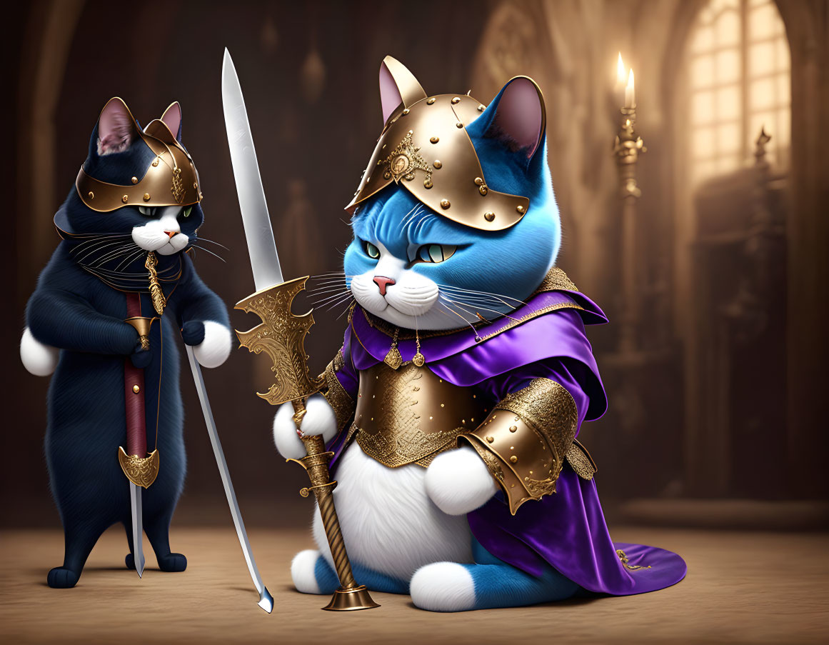 Anthropomorphic cats in medieval royal attire with guard in luxurious candlelit room