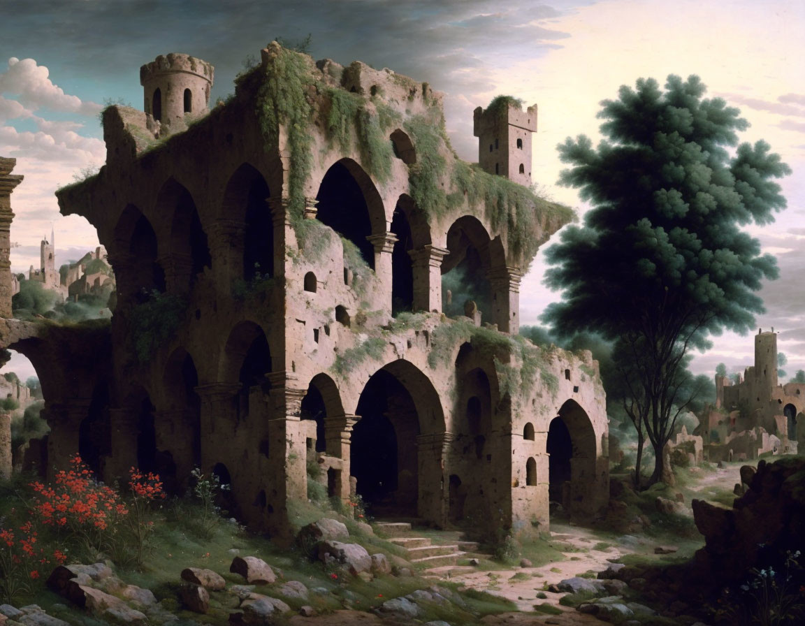 Ancient ruins painting with lush vegetation and dramatic sky