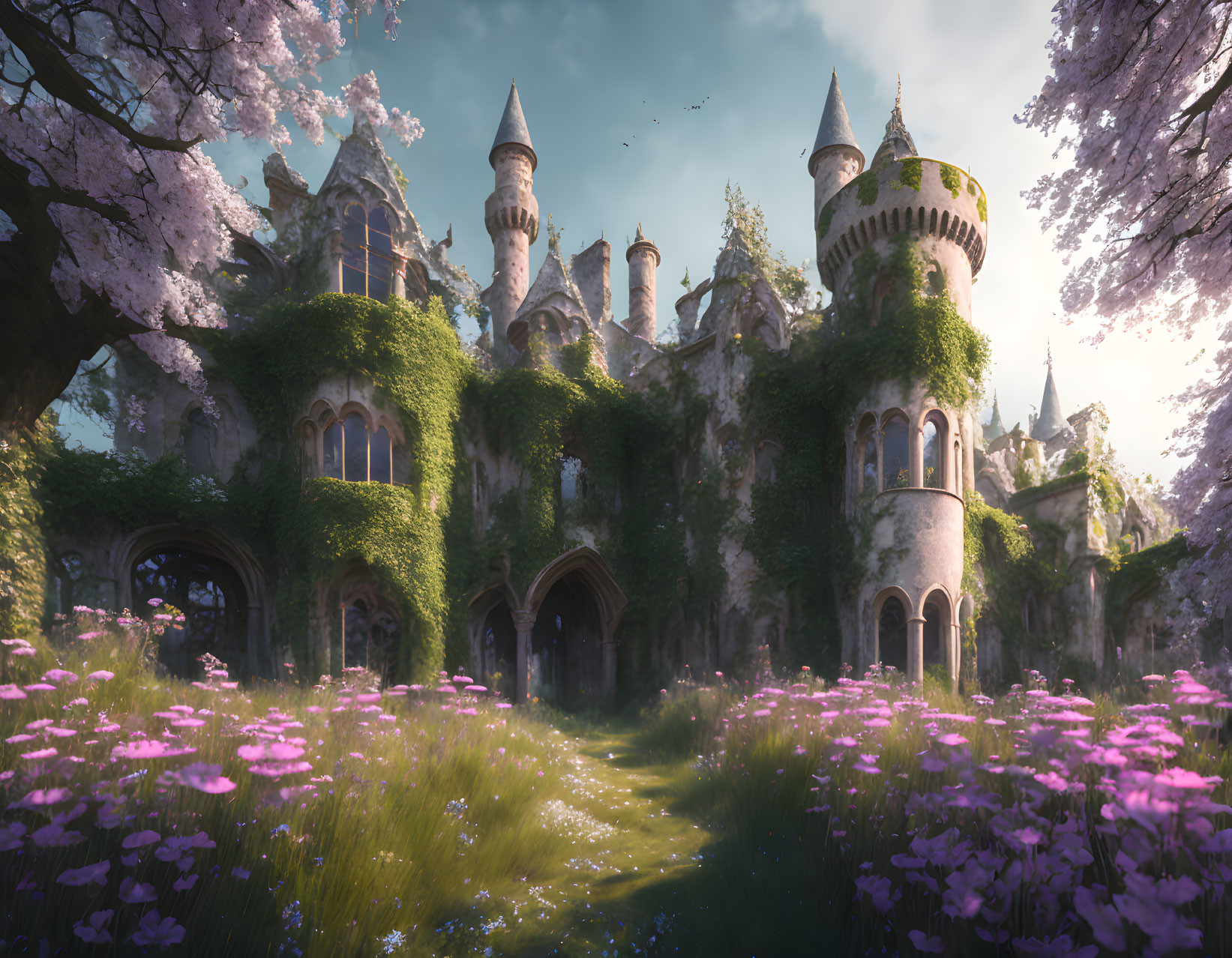 Majestic castle with ivy walls, purple flowers, birds, and magical light