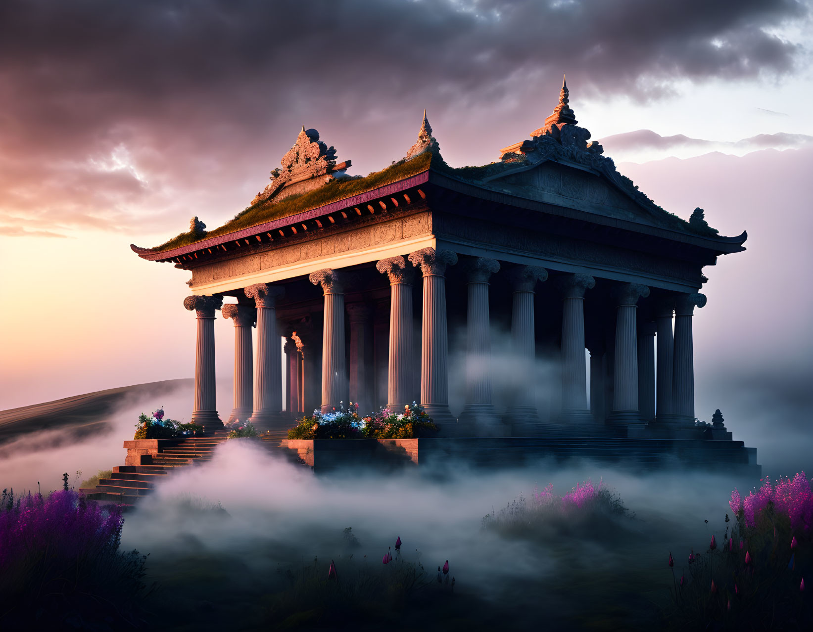 Elaborate architecture of mystical ancient temple at sunrise.