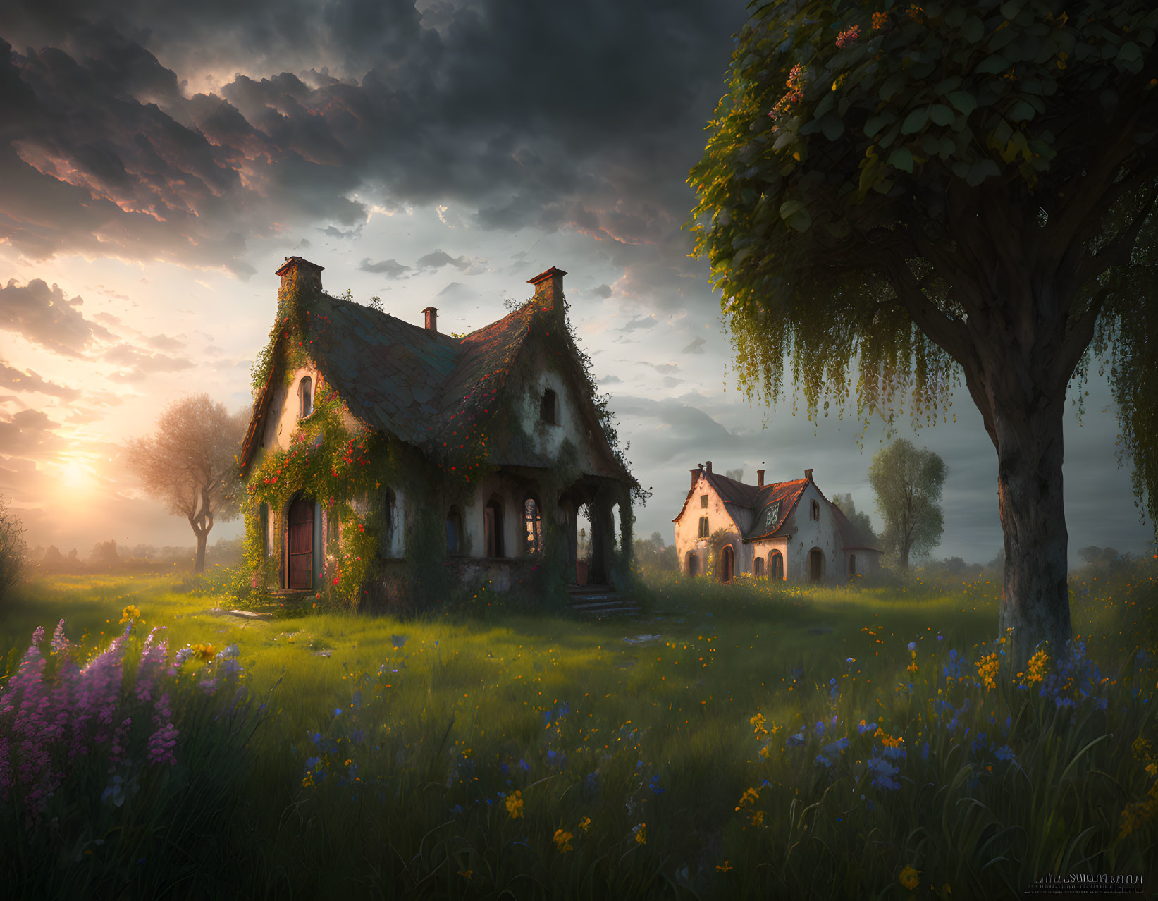 Cozy cottage among wildflowers at sunset with ancient tree nearby