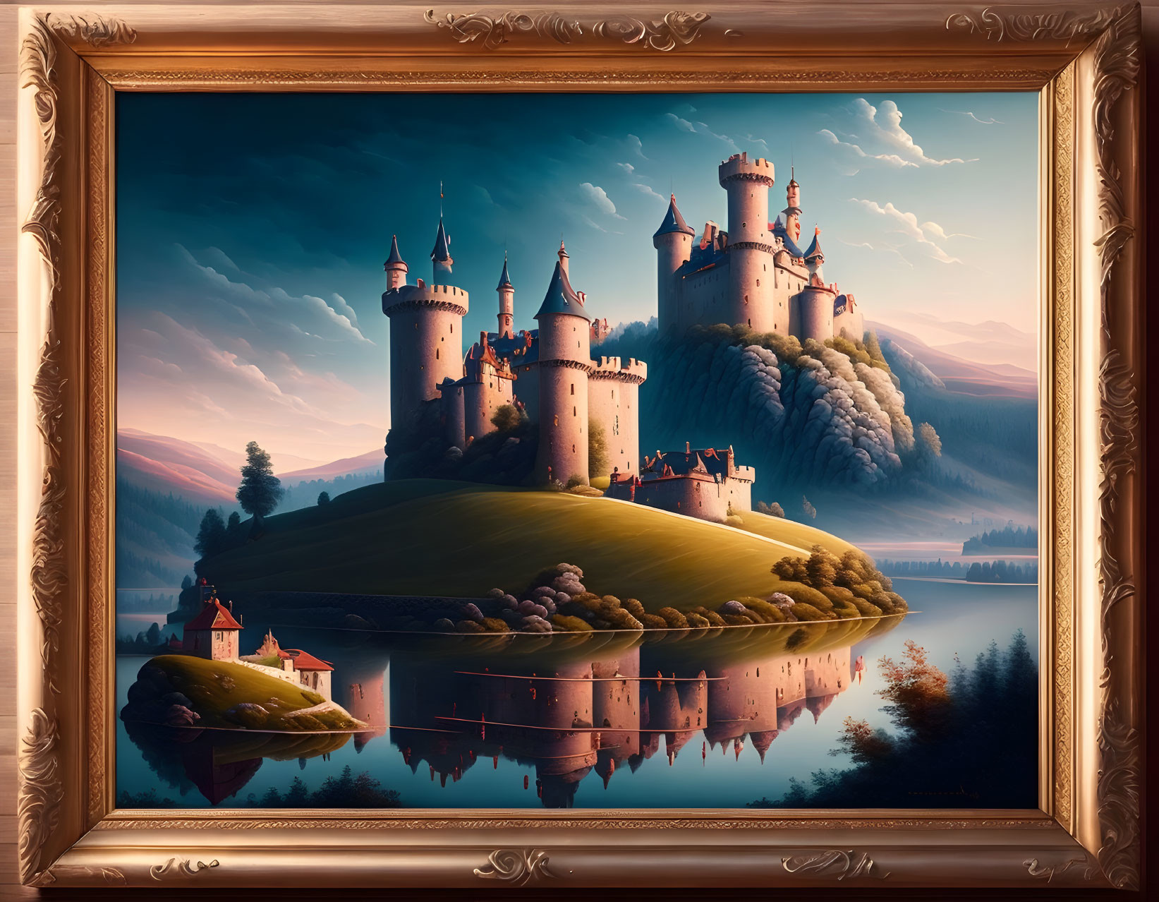 Majestic castle painting in ornate frame with dramatic dusk sky