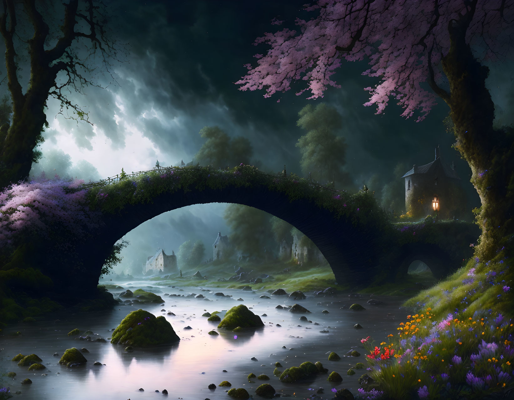 Mystical landscape with stone bridge, cottage, lush trees, and ethereal light