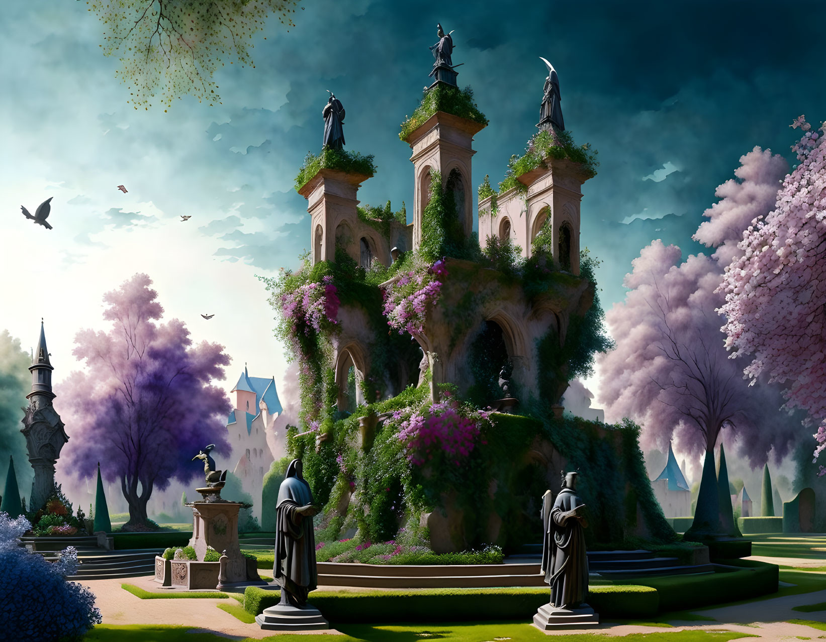 Vibrant garden with trees, statues, and birds under clear sky