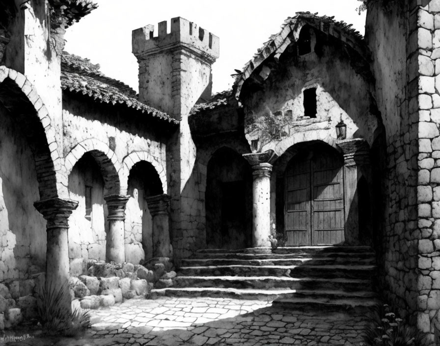 Monochrome courtyard scene with staircase, gate, stone buildings, arches, and distant tower.