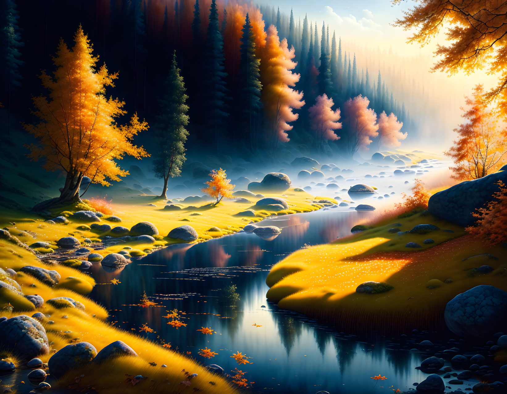 Autumn landscape: Vibrant trees, calm river, foggy forest, sunrays.