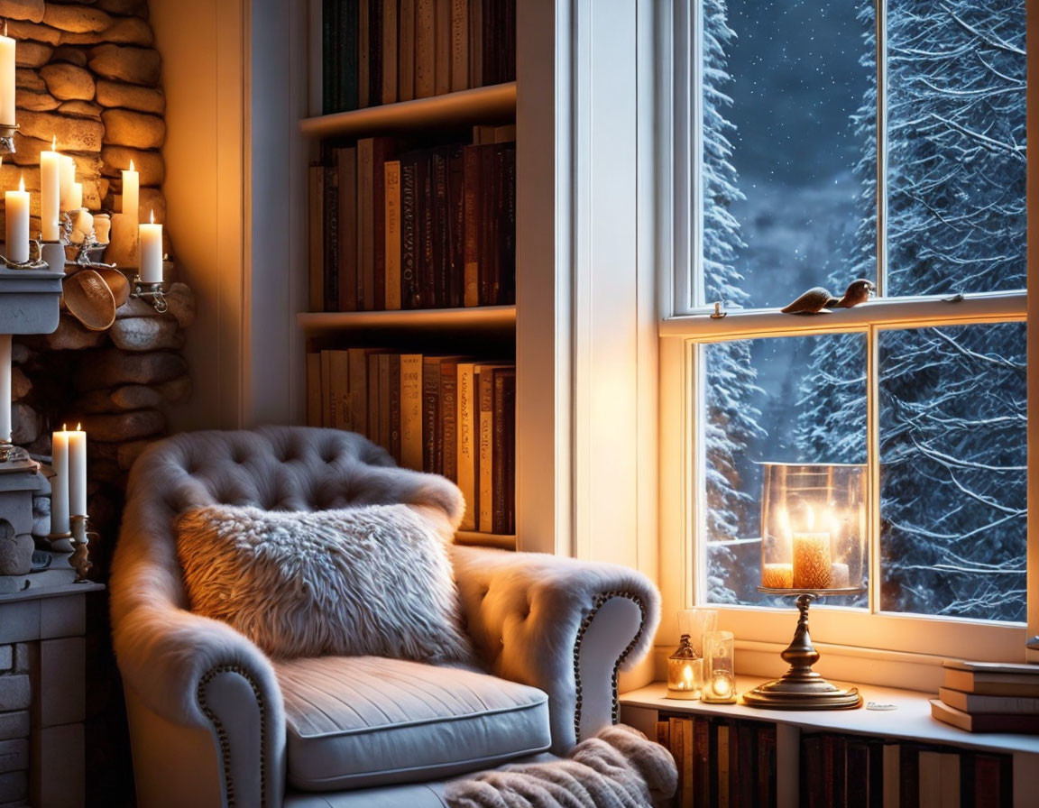 Warm Winter Interior with Armchair, Candles, Books, and Snowy Window View