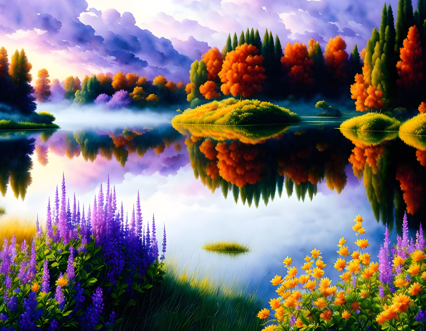 Tranquil lake scene with autumn trees, purple and orange flowers, and colorful sky