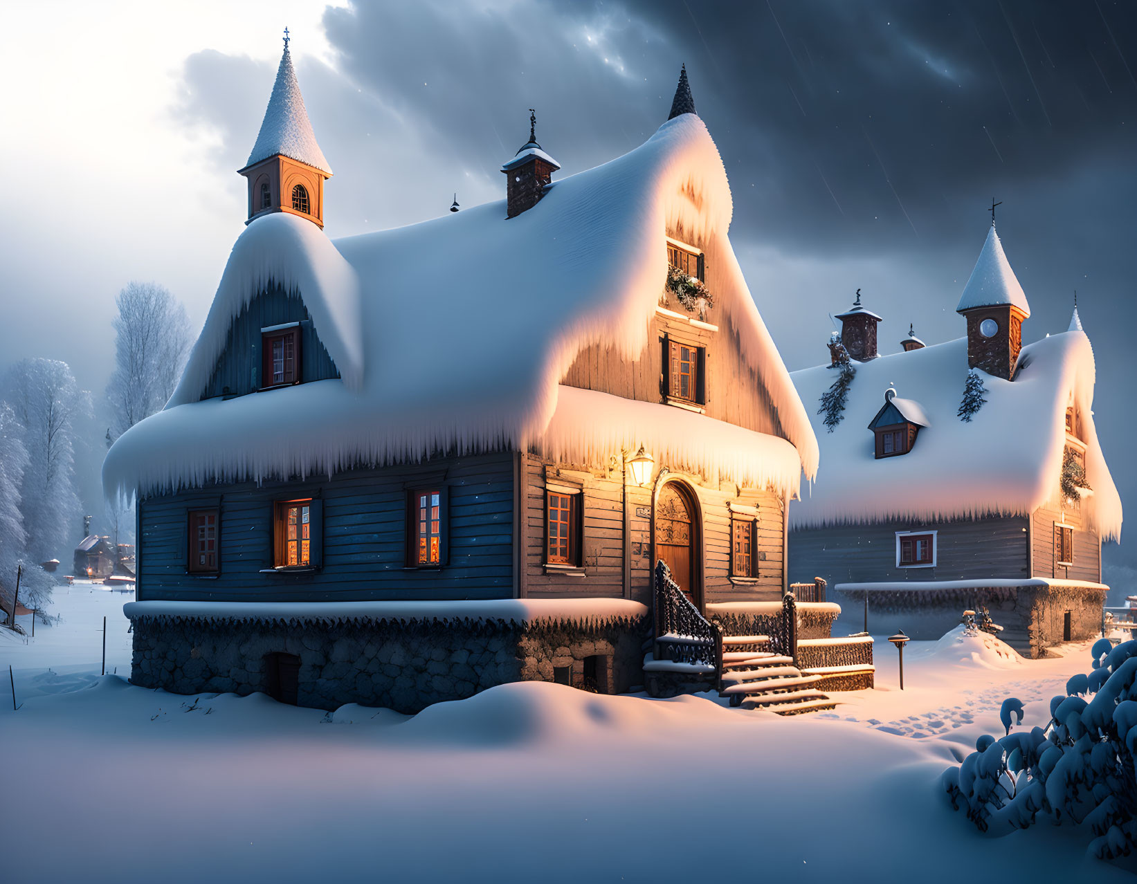 Winter village scene: snow-covered houses at dusk in serene landscape