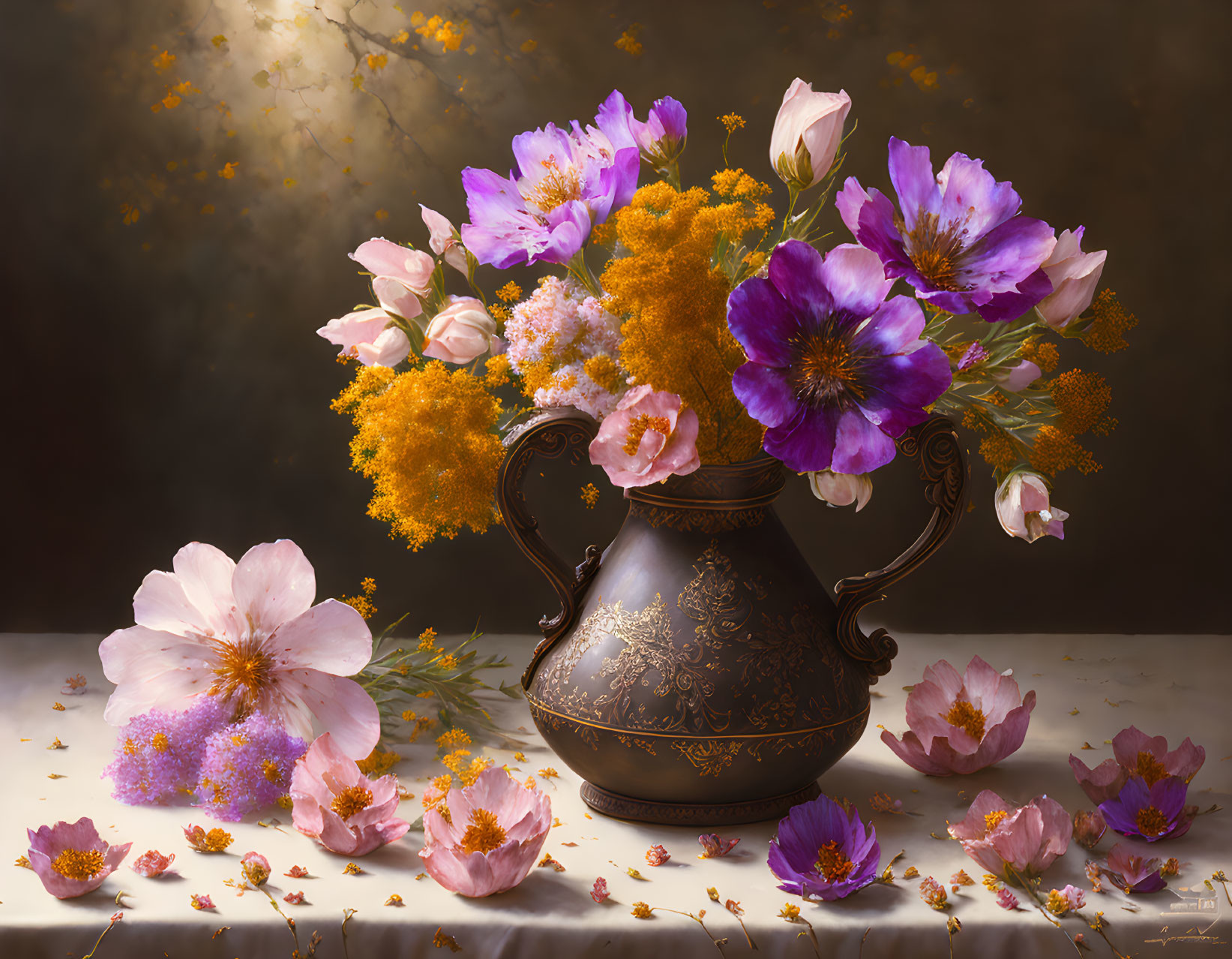 Dark ornate vase with colorful flowers and scattered petals on moody background